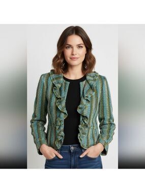 ECI Green and Blue Striped Ruffle Blazer